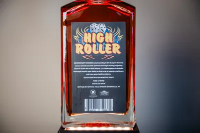 High Roller Straight Bourbon Whiskey rear of bottle zoomed in label