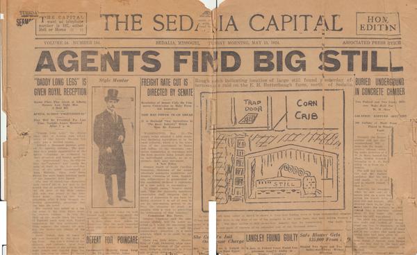 Sedalia Capital May 13th, 1924 Front Page. This image was put together with multiple scans of an obviously deteriorating newspaper