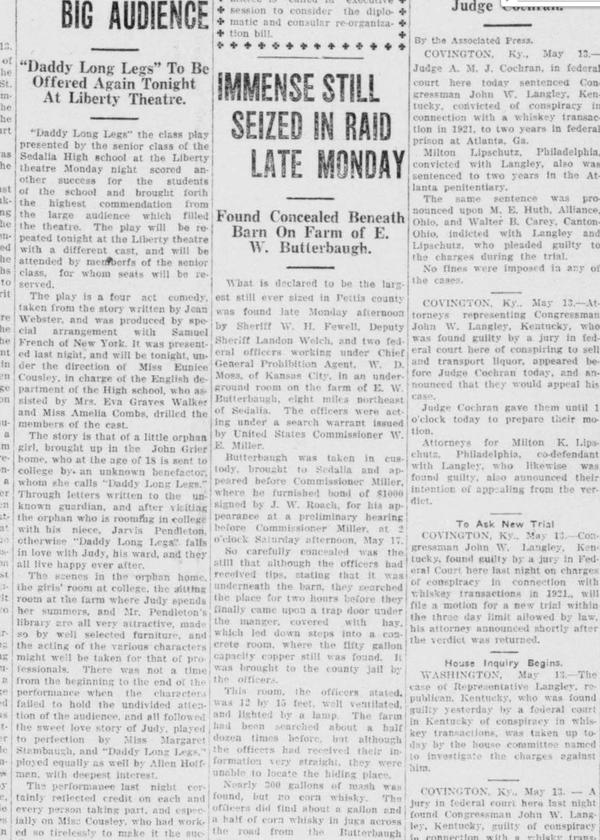Sedalia Democrat Article May 13th, 1924 Front Page