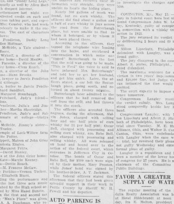 Sedalia Democrat Article May 13th, 1924 Front Page second half