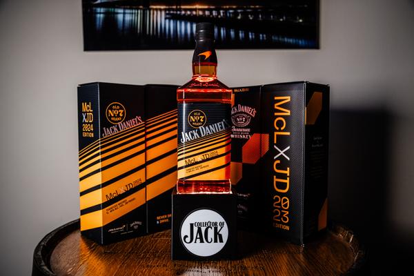 Jack Daniel's x McLaren collaboration for 2024, lit by LED mounted underneath the bottle