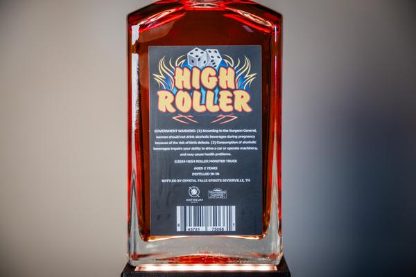 High Roller Straight Bourbon Whiskey rear of bottle zoomed in label